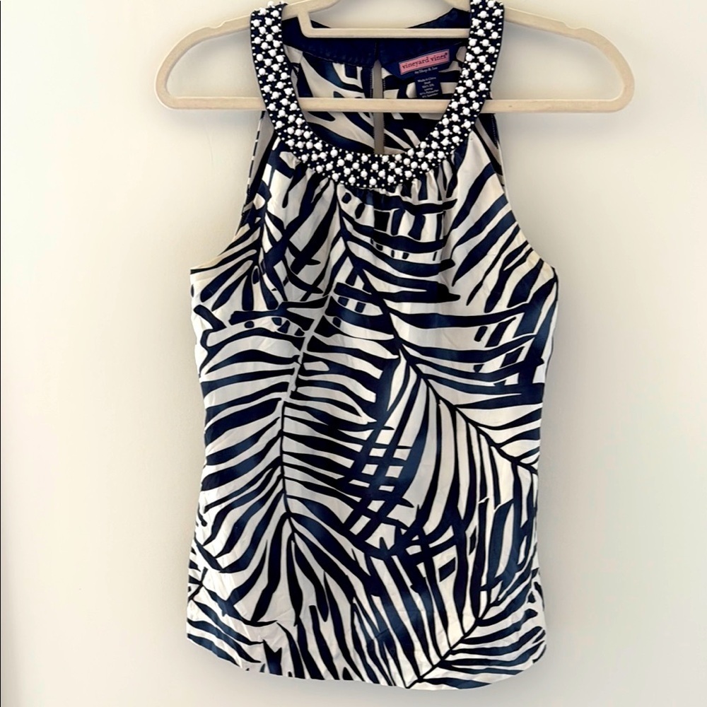 Vineyard Vines 6 Silk Twill Halter Beaded Neck Blue White Tank Top size 4